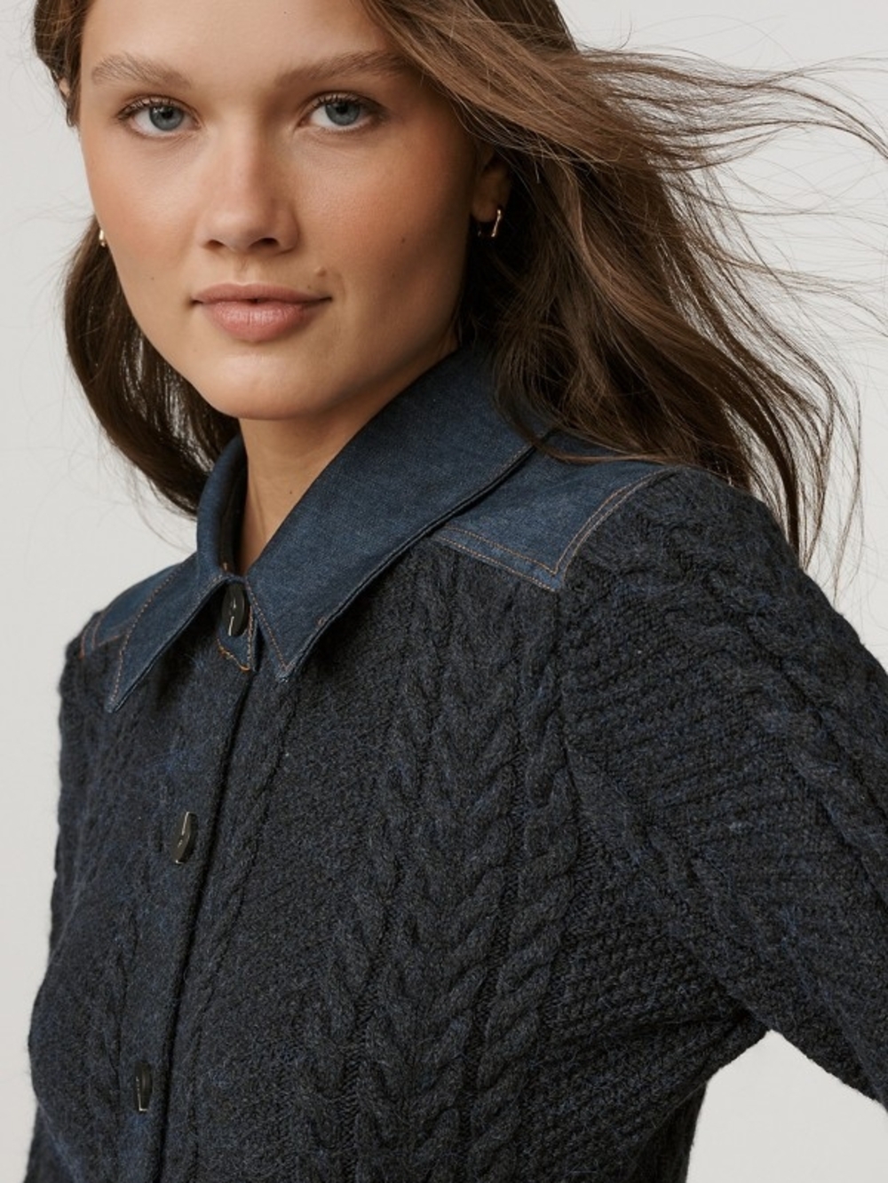 Pilcro Navy Cable-Knit Button Cardigan with Contrast Collar - Picture 3 of 3